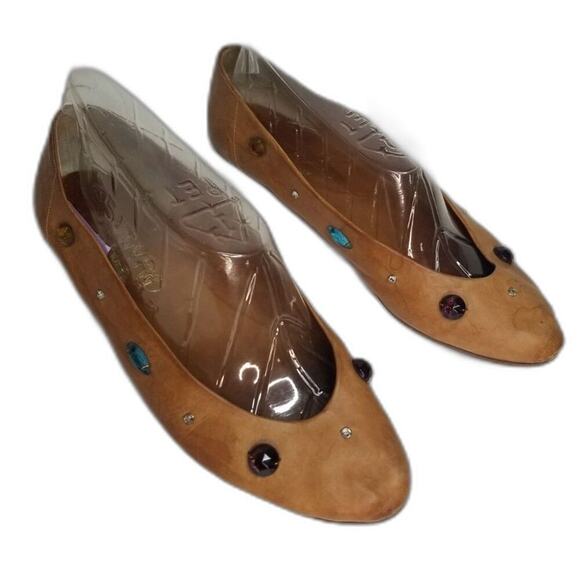 80s Vintage Joan & David Vegetable Tanned Leather Be-jeweled Tan Flats Size 7.5 - Picture 1 of 8